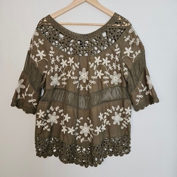 Oliver O Tops - Oliver O. Peasant Top Boho Crochet Embroidered Short Sleeve Blouse Size Medium